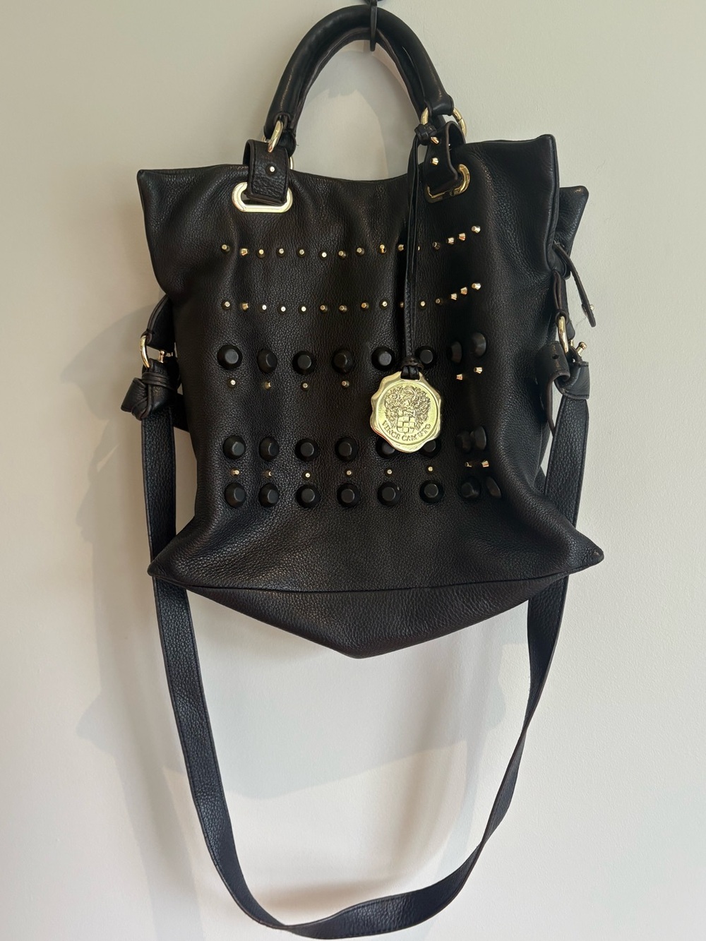 Vince Camuto Black Pebbled Leather Shoulder Bag with Gold Hardware